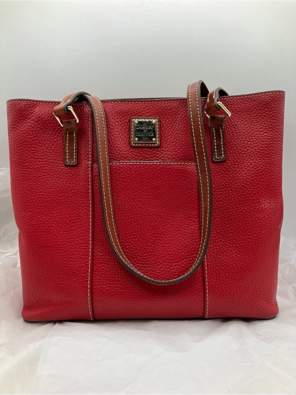 Dooney & Bourke Red Pebbled Leather Tote with Brown Trim